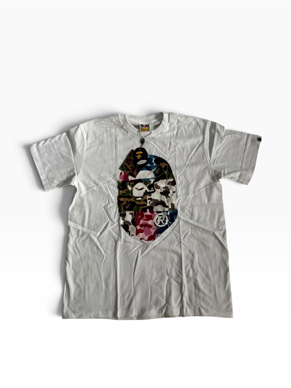 Bape White Tee with Multicolor Camo Ape Head Graphic